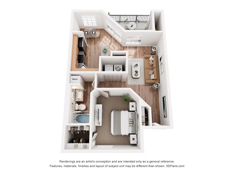 Floor plan for 1 bed, 1 bath, 748 sqft